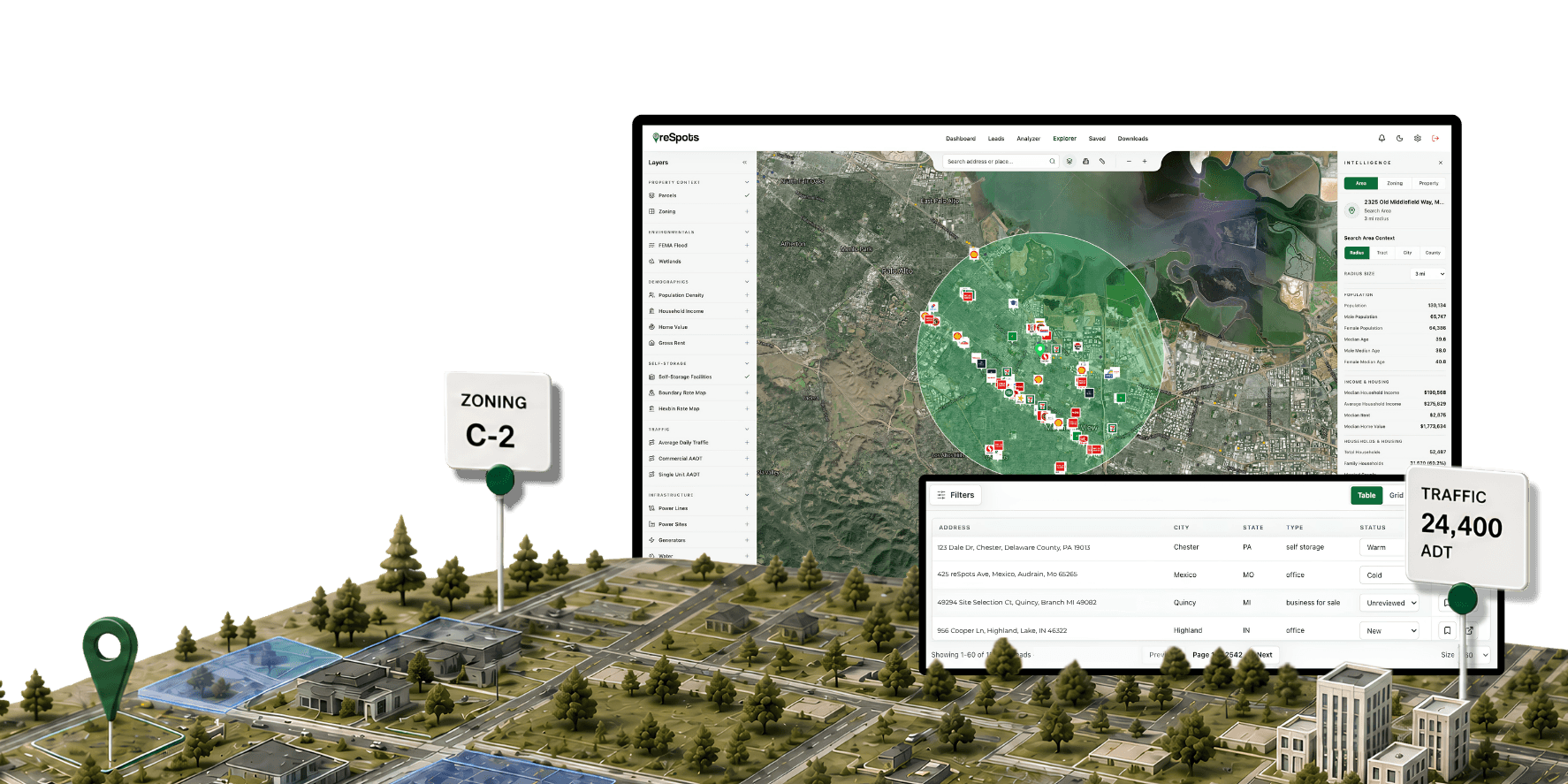 reSpots Explorer connected to a dimensional market model with selected sites, zoning, traffic, and population context