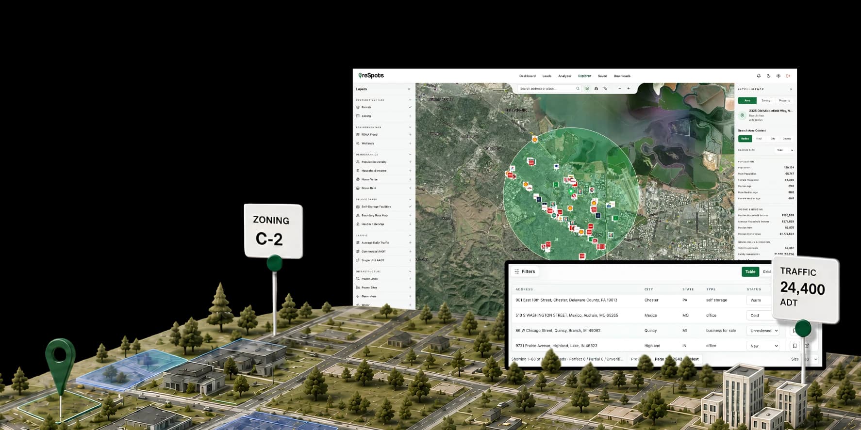 reSpots Explorer connected to a dimensional market model with selected sites, zoning, traffic, and population context