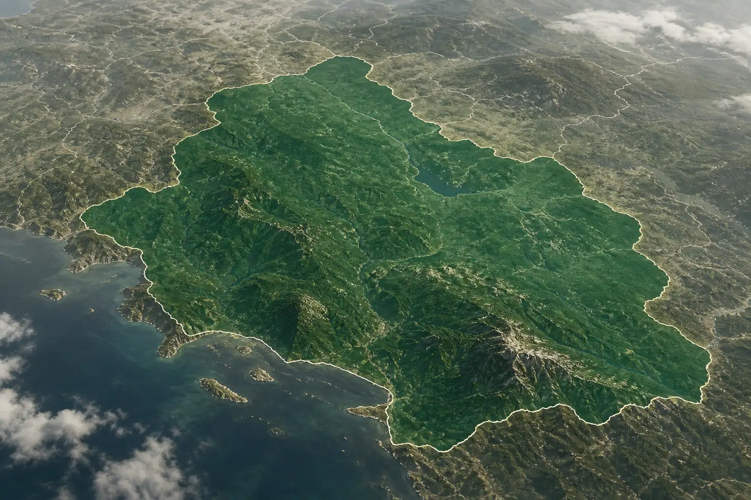 Illustrative fictional state-scale aerial market boundary, not a geographic map.