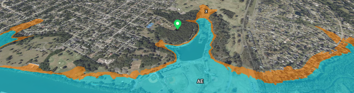 FEMA flood zone map showing AE, X, and VE flood zones with property boundaries and Base Flood Elevation context