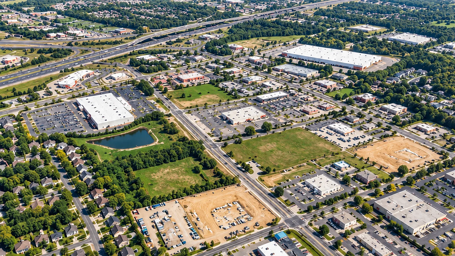 Conceptual aerial landscape showing several commercial properties across a city district