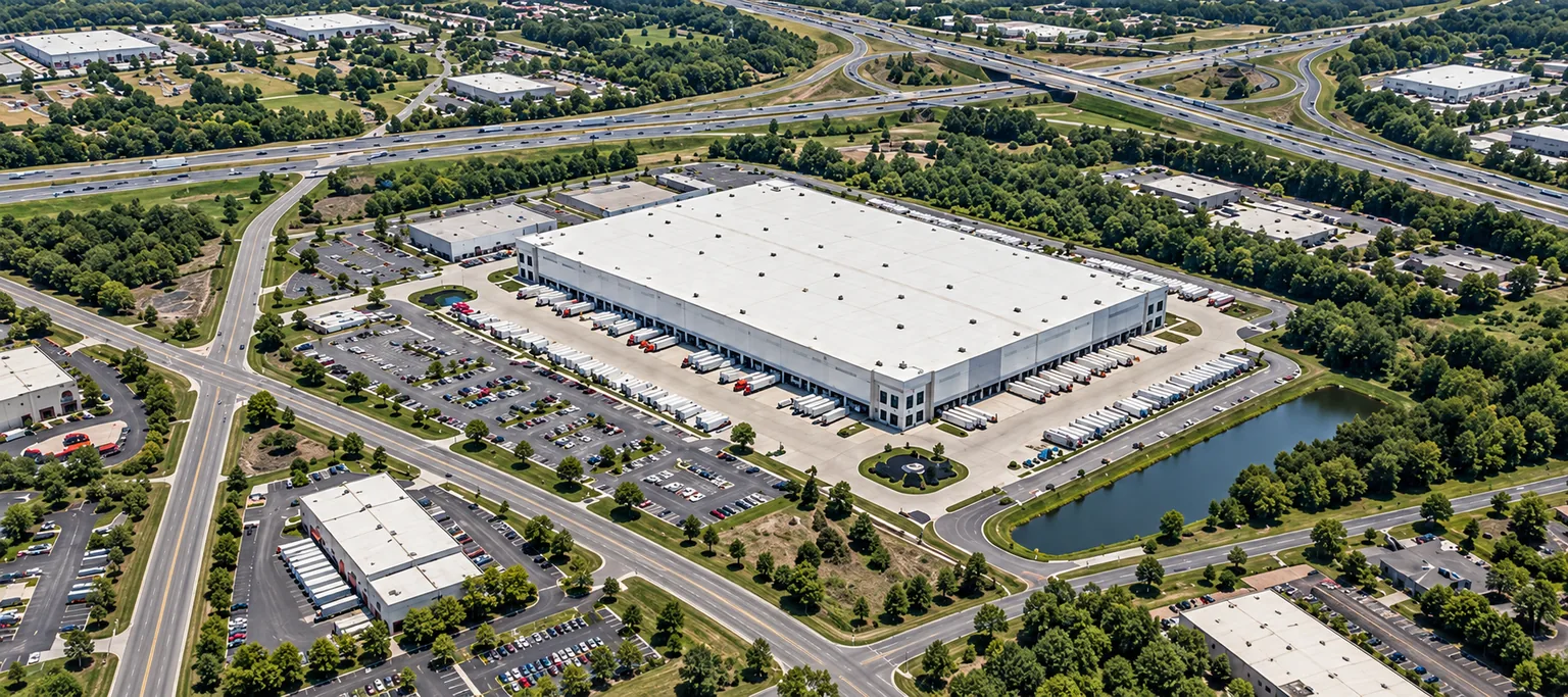Conceptual aerial landscape of industrial buildings near a major road network