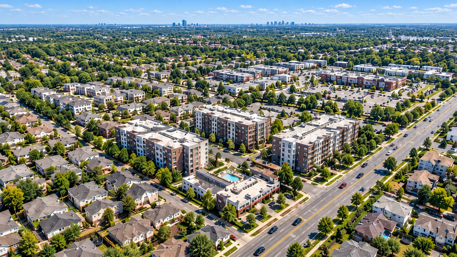 Conceptual aerial landscape of multifamily housing within a residential neighborhood