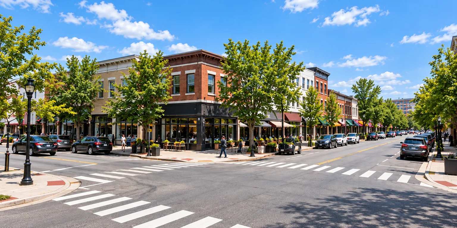 Conceptual street-level view of retail storefronts at a neighborhood intersection