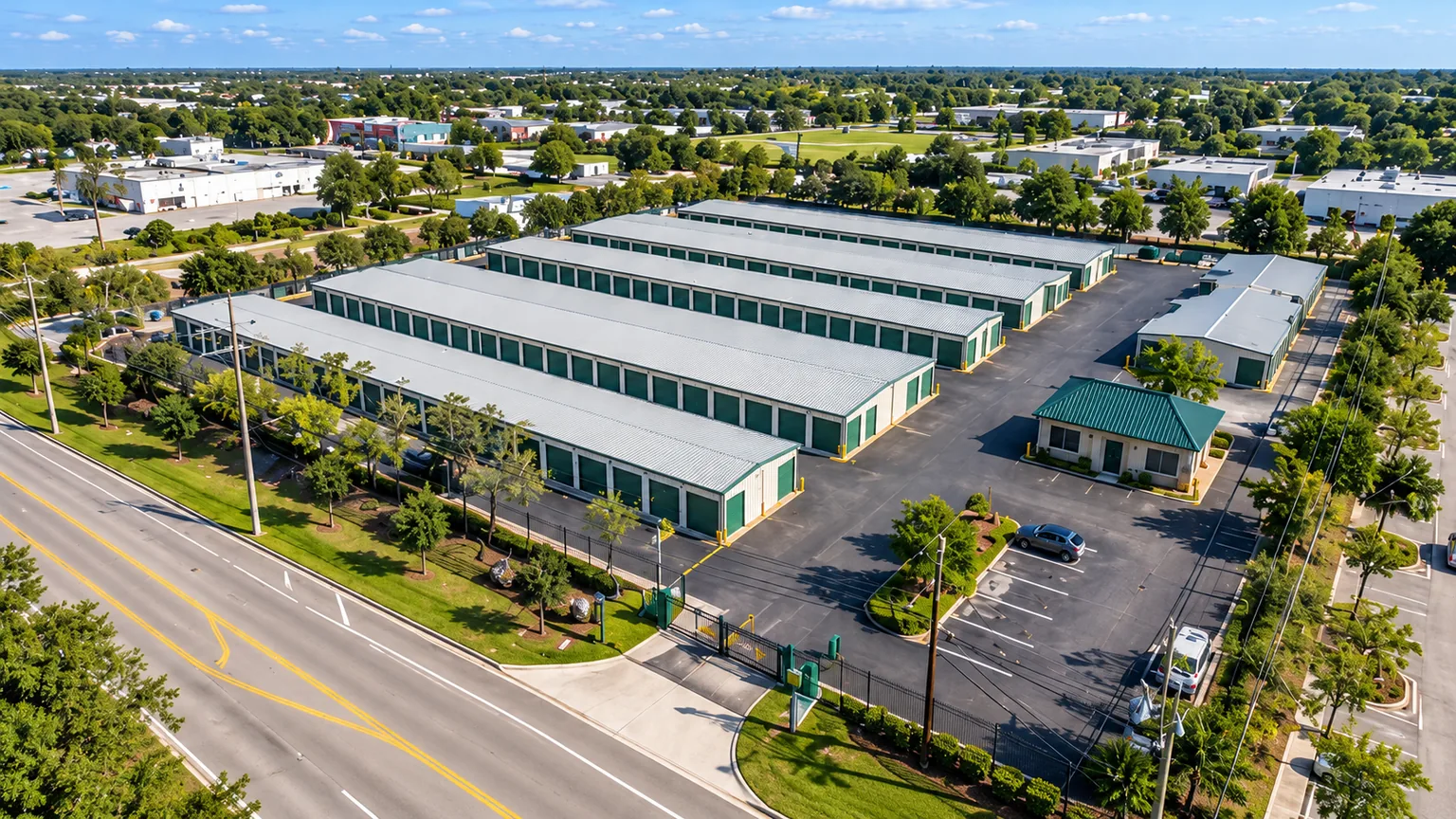 Conceptual aerial landscape of a self-storage facility and surrounding roads