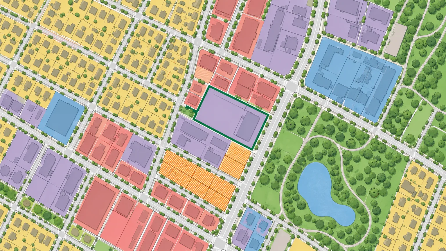 Conceptual aerial landscape showing different property uses across neighboring city blocks