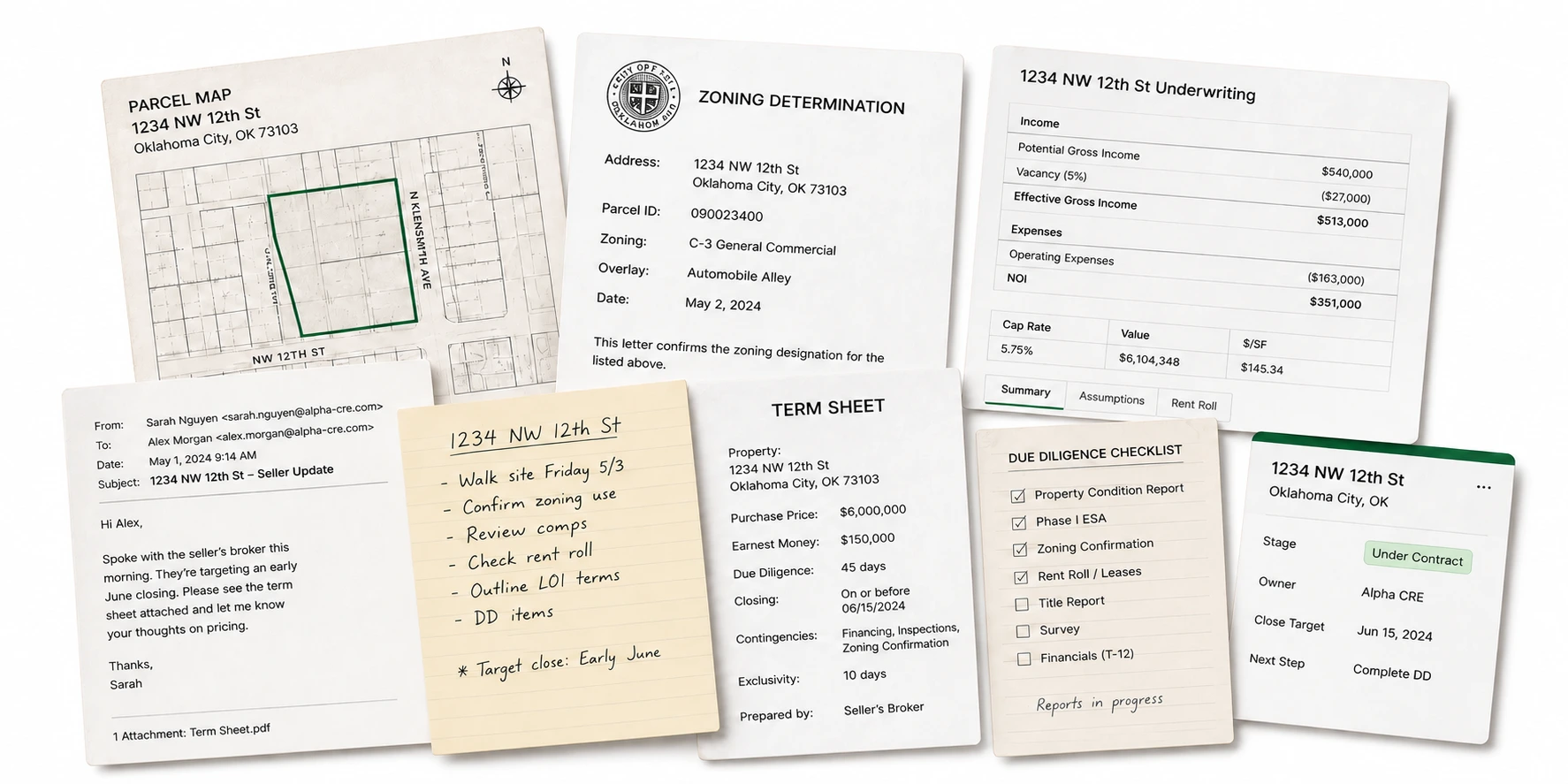 A parcel map, zoning determination, underwriting model, email, notes, term sheet, due diligence checklist, and opportunity status scattered across one deal
