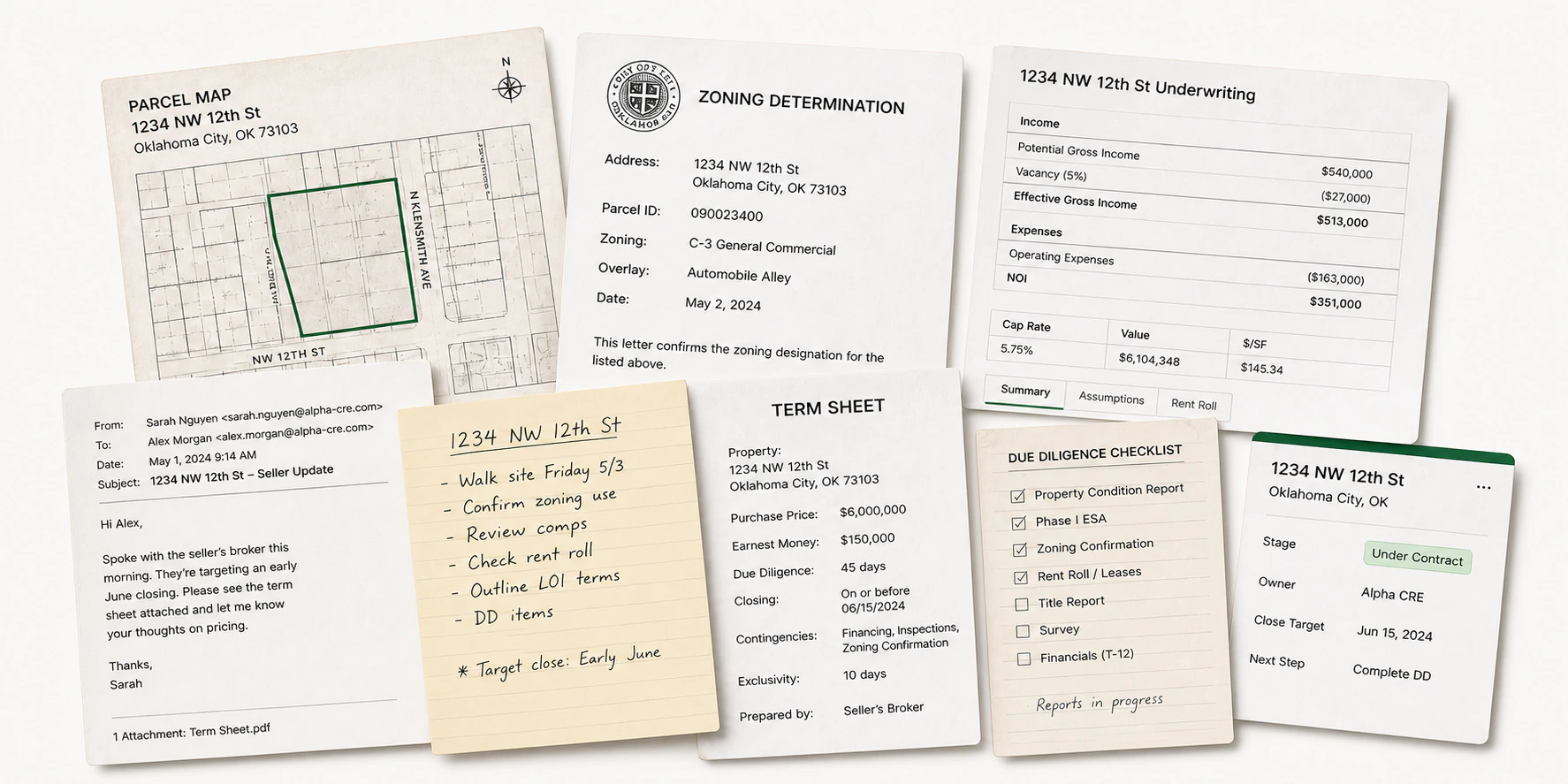 A parcel map, zoning determination, underwriting model, email, notes, term sheet, due diligence checklist, and opportunity status scattered across one deal