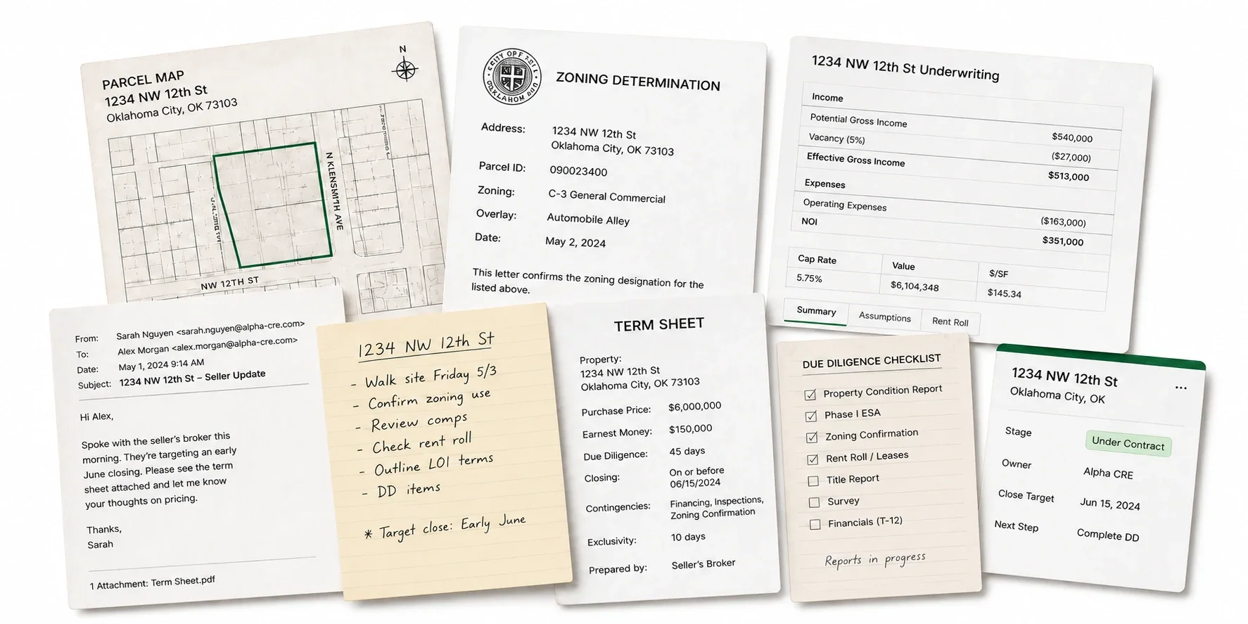 A parcel map, zoning determination, underwriting model, email, notes, term sheet, due diligence checklist, and opportunity status scattered across one deal